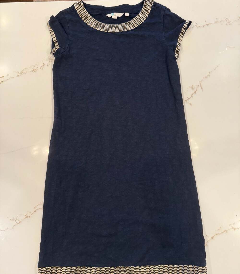 Boden Sena Navy Cotton Dress with Gold Embroidered Trim Size 2R